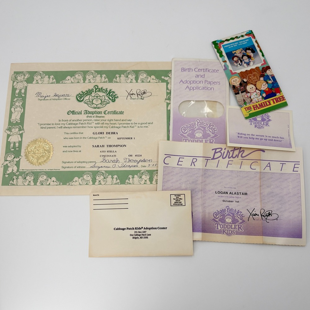 Vintage 1983 1988 Cabbage Patch Kids Adoption Papers Birth Certificate Lot 2